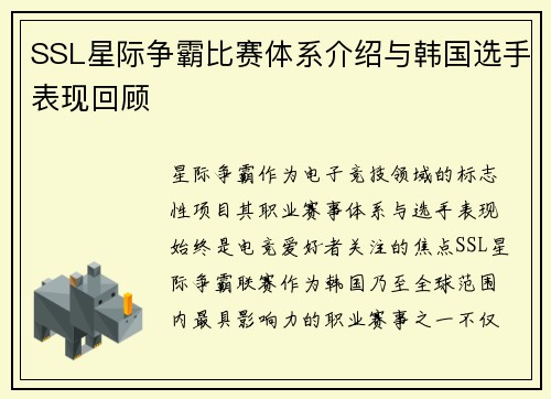 SSL星际争霸比赛体系介绍与韩国选手表现回顾